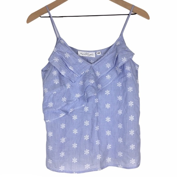 H&M LOGG Cami Top Eyelet Lace Stripe Spaghetti Strap Blue White Lightweight - Picture 7 of 7